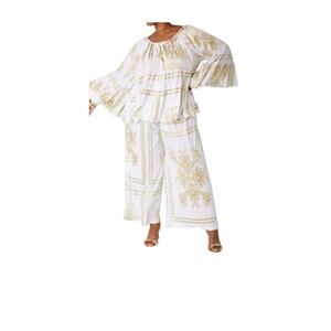 Ashley Stewart whit metallic plisse wide leg pants white/ gold set. Size: 26/28